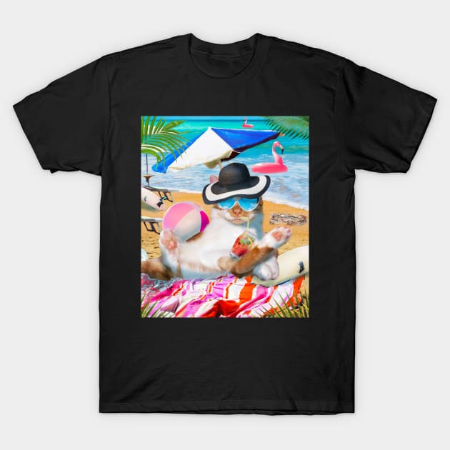 Beach Kitty Cat Wearing Sunglasses Drinking T-Shirt by Random Galaxy